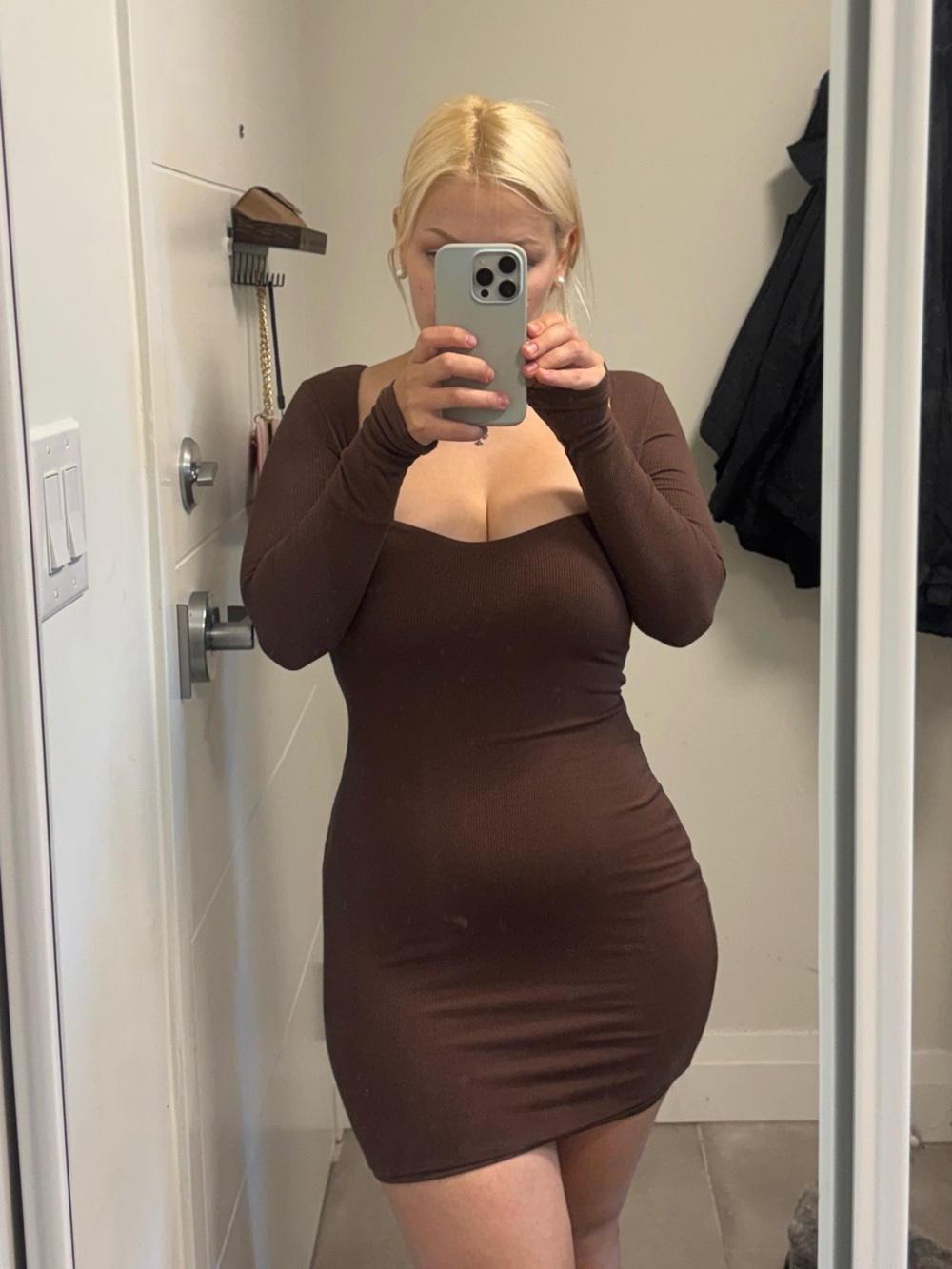 Princess Polly Brown Ribbed Square Neck Long Sleeve Bodycon Mini Dress